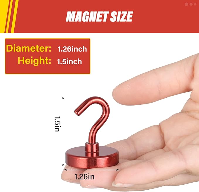 Neosmuk Magnetic Hooks Heavy Duty,Strong Magnet with Hook for Fridge, Super Neodymium Extra Strength Industrial Hooks for Hanging, Magnetic Hanger for Toolbox, Cruise, Grill(Red,6 Pack)