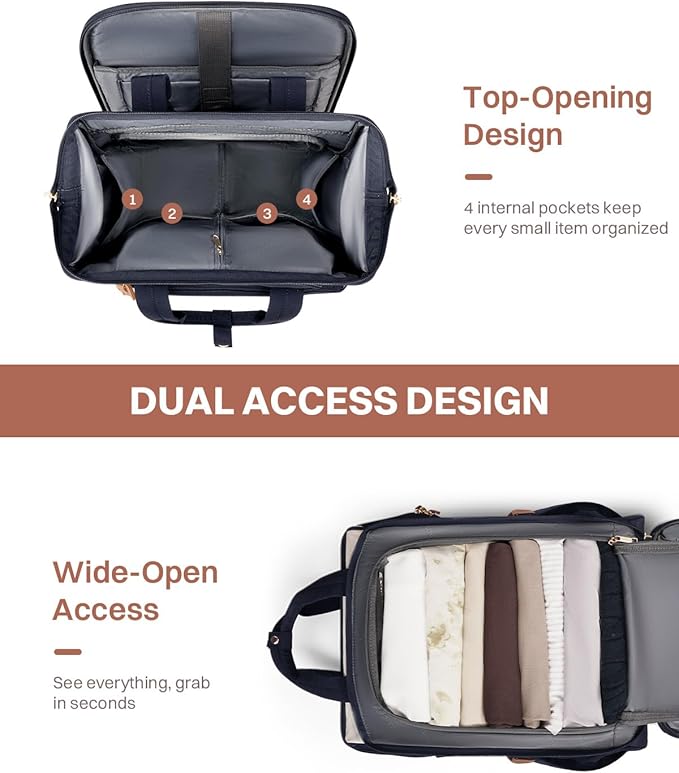 Rolling Puffer Backpack for Women, Travel Backpack with Wheels, 16 Inch Wheeled Laptop Backpck, Dual-Opening Design Overnight College Underseat Carry on Luggage, Roller Business Work Bag, Navy Blue