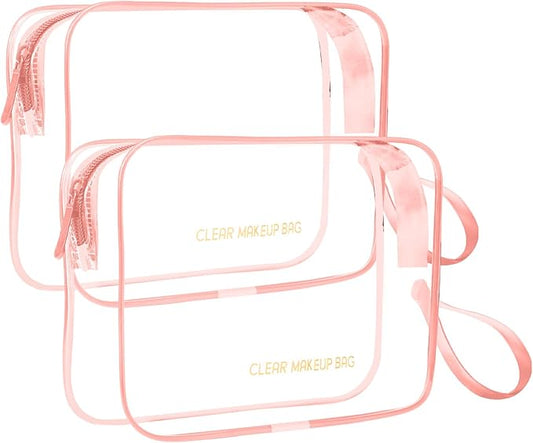 Clear Makeup Bag,2 Pack TSA Approved Toiletry Bag Travel Toiletry Bag Hanging Makeup Cosmetic bag for Women Men (Pink)