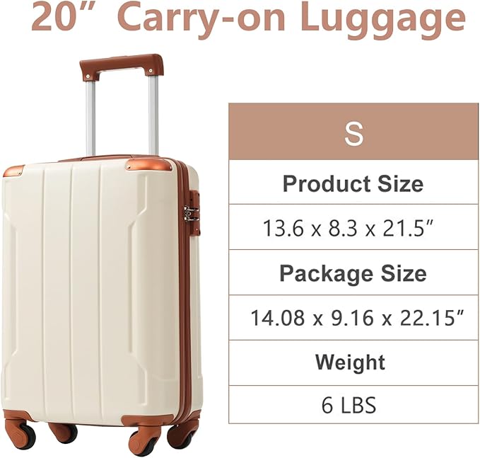 20 Inch Carry On Luggage, Lightweight ABS Hard Shell Suitcase with Spinner Wheels, Durable Travel Luggage with Combination Lock & Side Hooks for Men Women, White Brown
