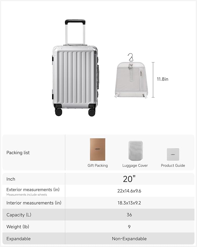 Carry On Luggage with Spinner Wheels, 8010S Aluminum Frame Zipperless Polycarbonate Hard Shell Suitcase (ZX-Core, Silver, 20 Inch)