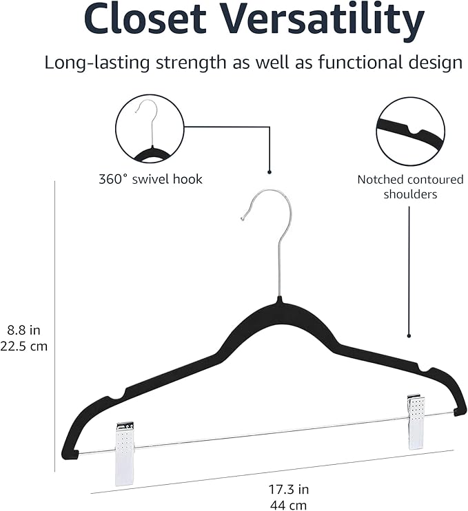 Amazon Basics Velvet Non-Slip Skirt Clothes Hangers with Clips, 360 Degree Rotatable Hook, Sturdy Construction, Organize Pants and Skirts, Black/Silver, 50-Pack