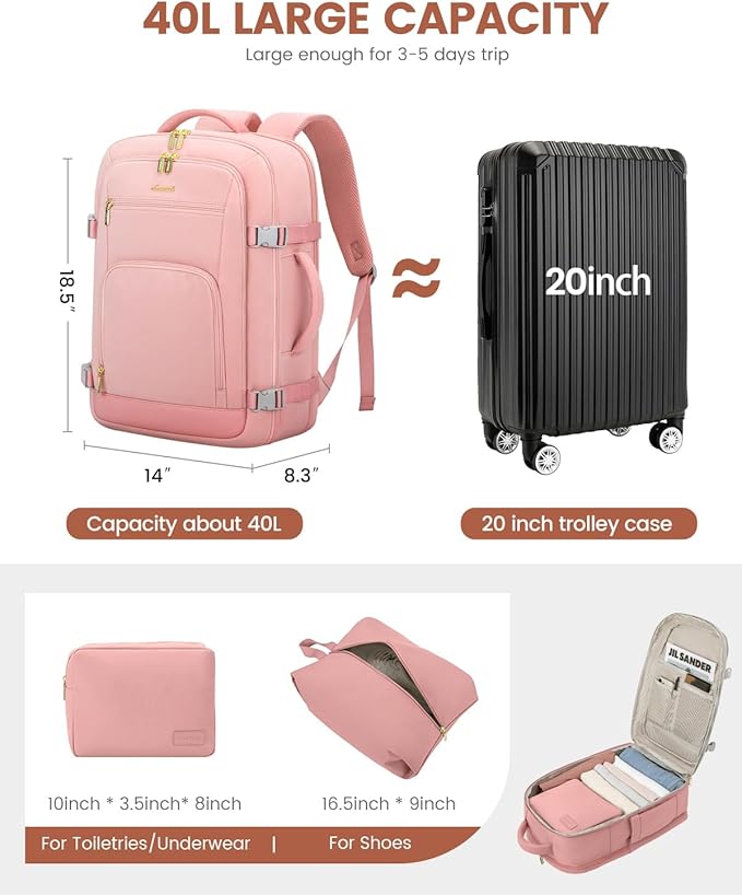 LOVEVOOK Travel Backpack For Women, 40L Carry On Backpack Flight Approved, TSA Personal Item Backpack Fits 17 Inch Laptop, Business Weekender Overnight Waterproof Daypack With 2 Packing Cubes, Pink