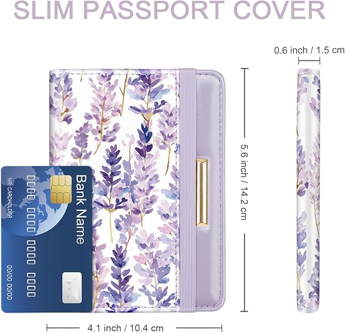 Passport Holder Cover Travel RFID Blocking Passport Cover Cute Flowers Passport Wallet with Elastic Band for Women, Lavender