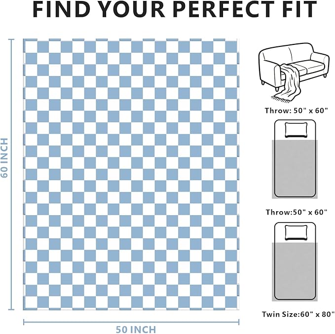 Checkered Blanket Flannel Throw Blankets Soft Cozy Checkered Grid Print Chessboard Gingham Pattern Throws for Bed Sofa Couch for All Seasons, 50x60 Inch, Blue