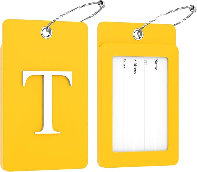 Gostwo 2 Pack Luggage Tags for Suitcases, 26 Initial Letter Travel Luggage Baggage Identification Labels ID Tag Fully Bendable Tags with Stainless Steel Loop (Yellow) (Letter T)