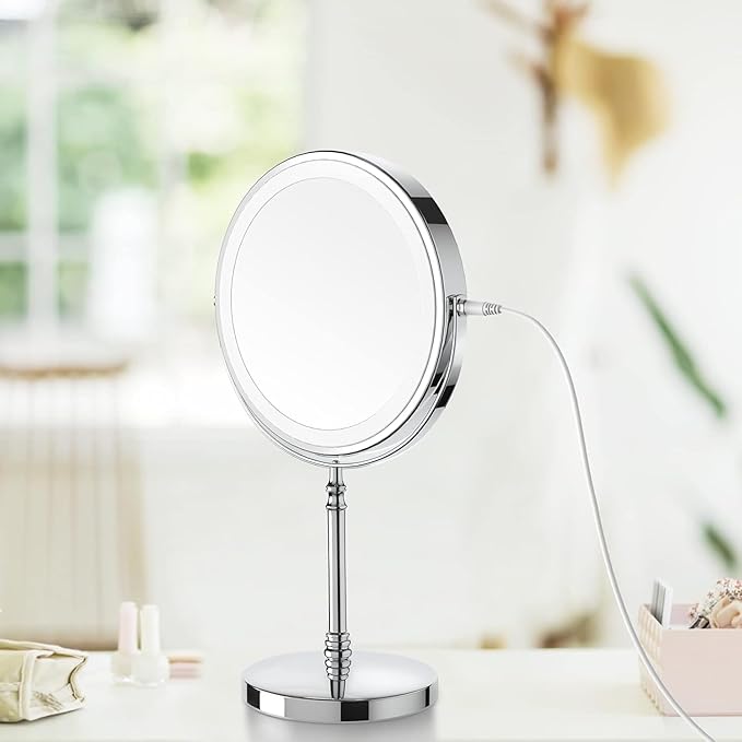 DEIOVWXS Makeup Mirror, 3000mAh Rechargeable Double-Sided Magnifying Vanity Mirror with 3 Colors, 1X/10X, 360° Rotation, Adjustable Brightness, Gifts for Mom, Women,Wife, Girls, Dorm Room Essential