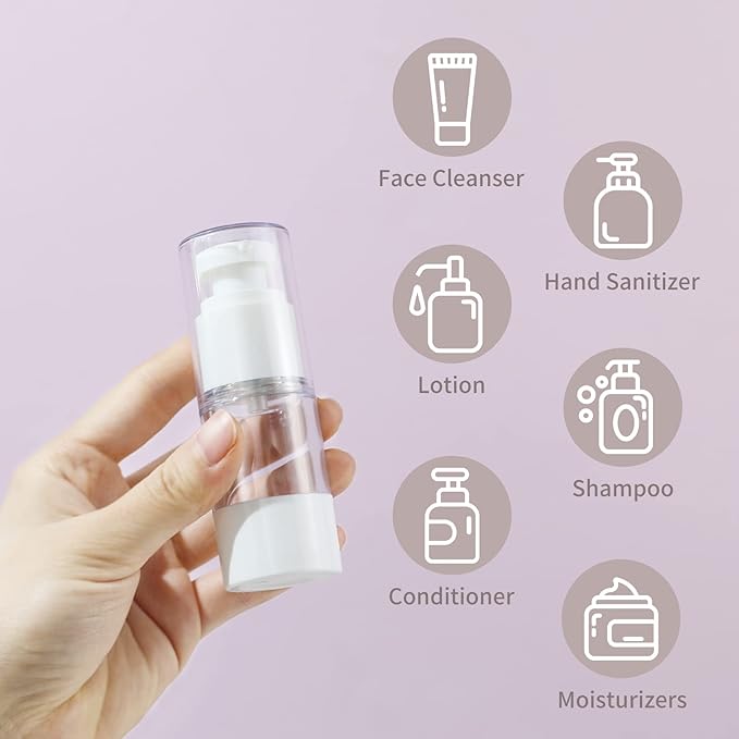 LONGWAY 0.5Oz 15ml Clear Airless Cosmetic Cream Pump Bottle Travel Size Dispenser Refillable Containers/Foundation Travel Pump Bottle for Shampoo (Pack of 8)