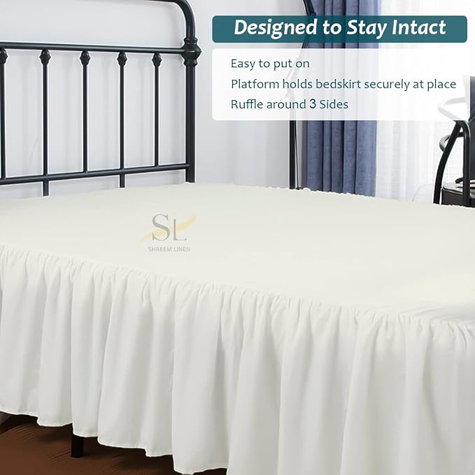 Shreem Linen Ruffled Bed Skirt with Split Corners, Gathered Style, 100% Microfiber, 18-Inch Drop, Dust Ruffle Bedskirt with Platform, Full, Ivory