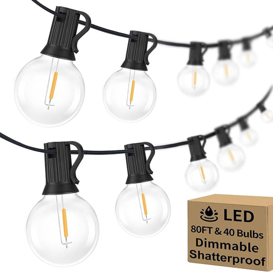 80FT Outdoor G40 LED Globe String Lights Dimmable Waterproof | Light Strings with 40 Shatterproof Bulbs Connectable Commercial Hanging Lights for Christmas Patio Backyard Balcony Party