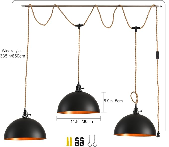 3-Light Hanging Light with Plug in Cord,Plug in Pendant Light 22ft Hemp Rope Pendant Lighting Vintage 3-Light Hanging Lamp Fixtures for Kitchen Island Living Room Bedroom