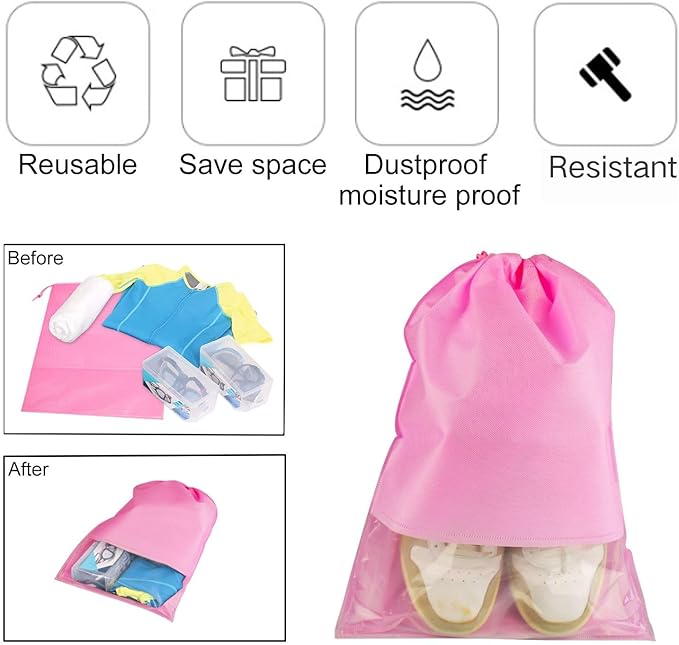6 Pcs Travel Shoe Bags, ULIFEMALL Large Non-Woven Drawstring Shoes Storage Bag with Transparent Slot Clear Window Portable Waterproof Dustproof Shoes Pouch Packing Organizer for Men Women, Pink