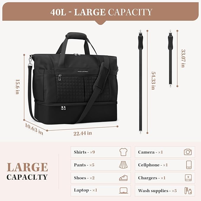 Maelstrom Gym Bag for Women,40L Travel Duffel Bag with Shoes Compartment and Wet Pocket,Waterproof Carry On Weekender Bag,Sport Gym Tote Bags Swimming Yoga, Hospital Holdalls（Black）