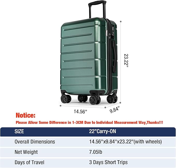KYME Carry On Luggage 22x14x9 Airline Approved Hardshell Carry On Suitcases with Wheels Travel Rolling 20 Inch Luggage with Cup Holder for Men Women,Carry-on Green