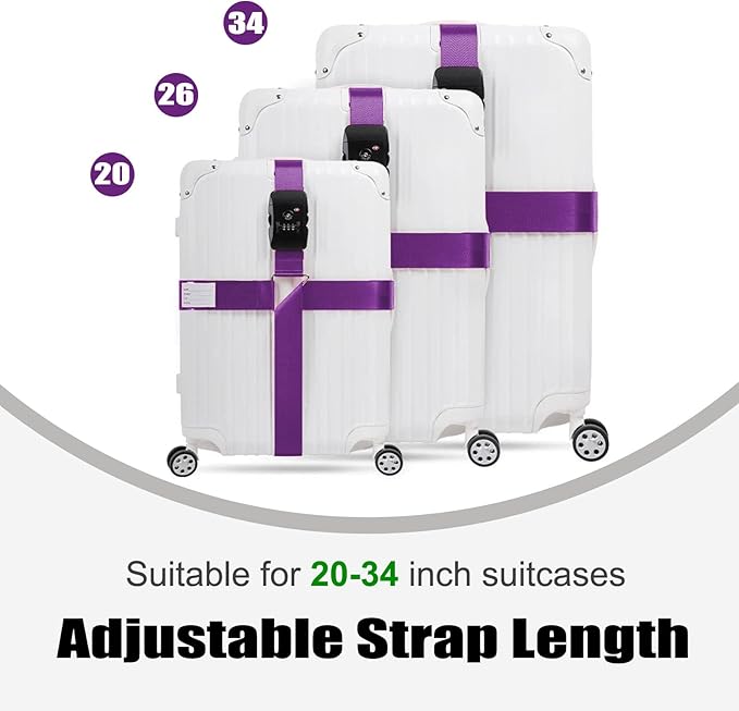 Luggage Straps TAS,Travel Strap with Name tag,Easy to Identify,Luggage Straps TSA Approved with Lock,Combination Luggage Lock with Adjustable Length,Compatible with 20-34 inch Luggage(Purple 1 Pack)