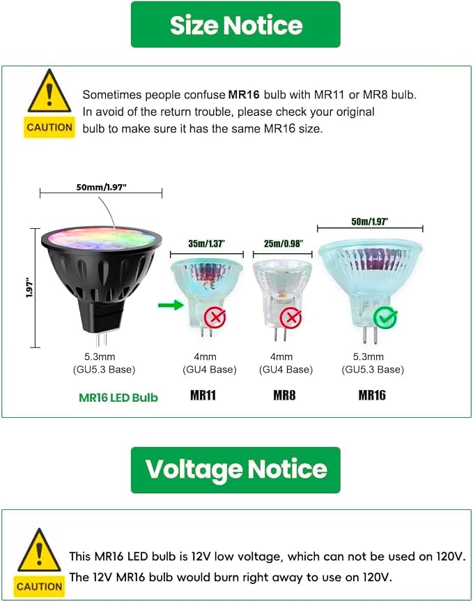 Smart MR16 Bulb, 12V WiFi MR16 LED Bulb RGBW Color Changing 4pcs | MR16 Landscape Light Bulbs, Dimmable & Multicolor, RGBCW CCT Tunable 2700K-6500K, GU5.3 Bi-pin Base, Memory Function