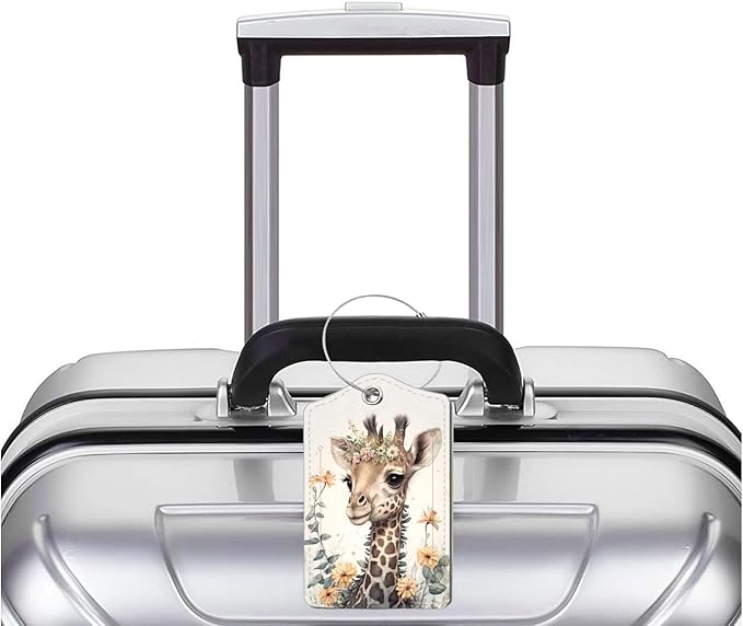 2 Pack Luggage Tag for Suitcase, Cute Unique Leather Bag Tags Identifiers Privacy Cover ID Label with Durable Steel Loop for Women Men Kids Girls Travel，GiraffeH