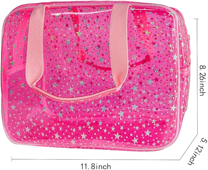 Hot Pink Star Large Cosmetic Bag 12x5x8 inch Travel Pouch with Handle,Durable PVC Material,Zipper Design-Ideal for Makeup,Travel Essentials