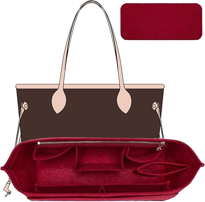 Premium Felt Purse Organizer Insert with Base Shaper Compatible with lv neverfull MM, Speedy 30 and More,Bag Organizer Insert for Luxury Tote Handbags,L/Wine Red