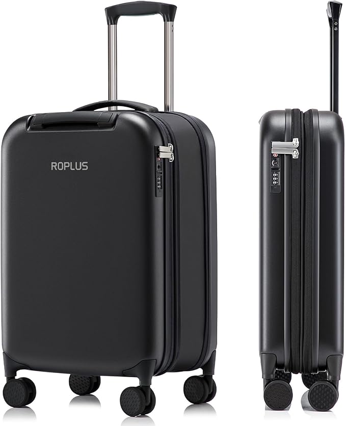 Foldable Carry On Luggage, Durable Hardside Suitcase with Mute Wheels, Waterproof Expandable Harshell Rolling Luggages with Side Pocket, TSA Lock (Black, 20-Inch)