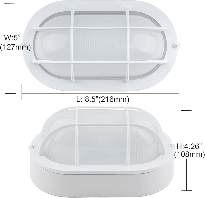GRUENLICH LED Bulkhead Light Fixture, Aluminum Outdoor Wall Lantern, 8.5" | Oval Exterior Porch Light Wall Sconce for House Walkway Nautical Sauna, Dimmable 6W 600 Lumen, Glass, 3000K, White, 1 Pack