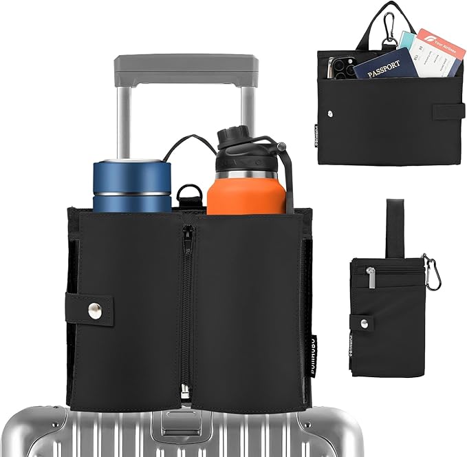 Luggage Cup Holder for Suitcases, Portable Foldable Travel Cup Holder with Handle and Hook, Luggage Drink Holder for Two Coffee Cups,Gift for Flight Attendants