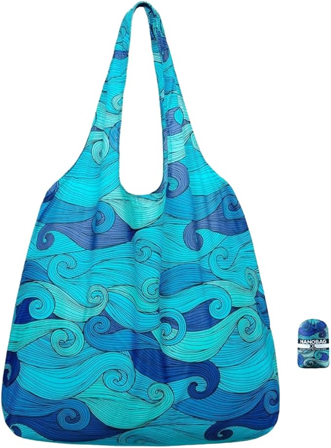 Nanobag Ultralight Extra Large Size Tote Bag for Women & Men, Heavy Duty Reusable Grocery Bag, Foldable Travel Shopping Tote, Packable Cloth Bag with Handles, Washable Market Tote (Blue Waves)