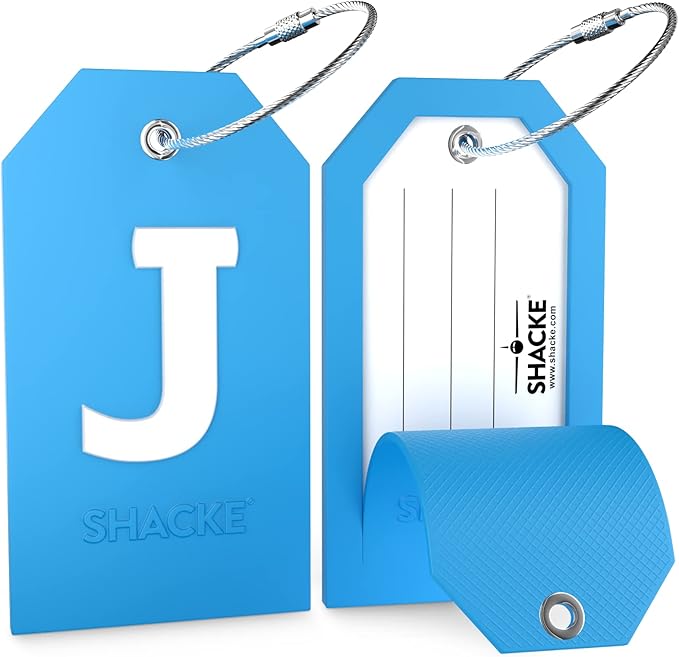 Shacke Initial Luggage Tag with Full Privacy Cover and Stainless Steel Loop - Aqua Teal (Letter J)