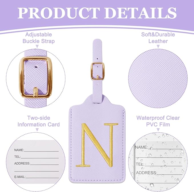 Personalized Initial Luggage Tags for Suitcases,Leather Letter Cute Luggage Tags with Privacy Name Card,Embroidered Monogrammed Travel Bag Backpack Tag Gifts for Women Kids Girls Teens(Purple-N)