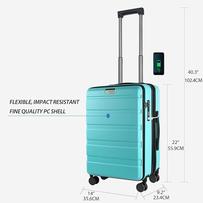 KROSER Carry On Luggage with Spinner Wheels & Built-in TSA Lock, Expandable Top Opening Hard Shell Suitcase Large Capacity Durable Rolling Luggage with USB Port, Carry-On 20-Inch, Lake Blue