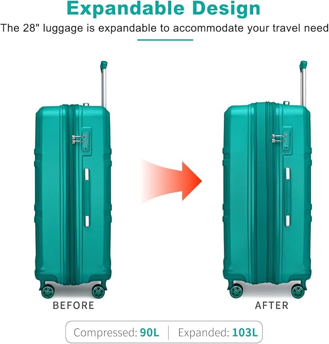 Kono 28 Inch Luggage Expandable Suitcase with Spinner Wheels TSA Lock Lightweight PC+ABS Hardside Large Checked Luggage Durable Rolling Suitcase Turquoise