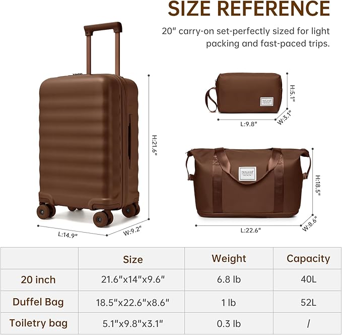 Luggage Sets 3 Piece, Carry On Luggage 22x14x9 Airline Approve PC Hardside Suitcase Set with Wheels TSA Lock, Durable Carry-On Suitcase with Duffel Bag for Women (Mocha)