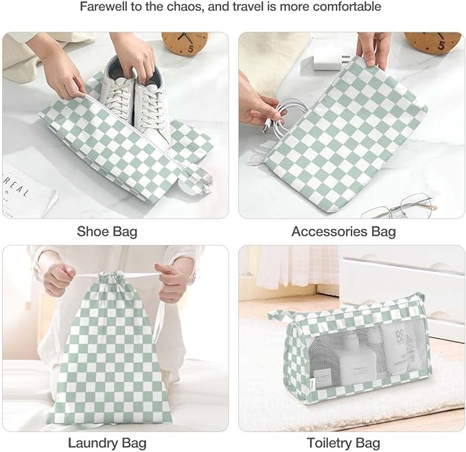 8 Set Packing Cubes for Suitcases,Suitcase Organizer with Shoe,Cosmetics,Clothing, and Accessories Bags for Travel Luggage Organizer Women Men(Green Checkered)