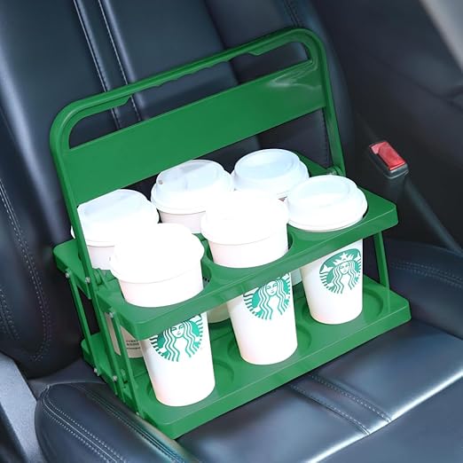 Bodaon 6 Cup Drink Carrier with Handle, Plastic Cup Holders for Take Out Delivery Drivers, Reusable Foldable Car Drink Caddy, Leakproof Food Delivery Accessories, 360° Secure Grip, Green