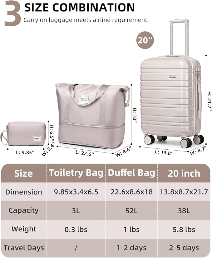 LARVENDER Carry on Luggage 22x14x9 Airline Approved, 20 Inch Hardside Suitcase with Wheels TSA Lock, PC+ABS Lightweight Travel Luggage Sets for Women, Glossy Champagne, 3 Piece Set