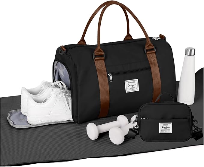Weekender Gym Duffel Bags for Women - Brown Handle with Toiletry Bag, Travel Totes for Airplane, Cute Sports Dance Overnight Luggage with Wet Pocket Shoe Compartment, Carry On Hospital Bag