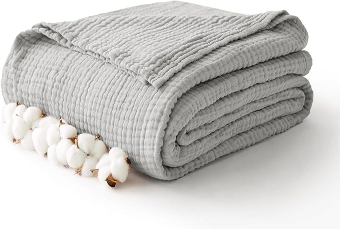 100% Cotton Muslin Blanket Twin 60" x 80", Breathable and Lightweight Cotton Twin Blankets for Couch, Soft Cooling Summer Gauze Blanket for Adults All Season, Light Grey