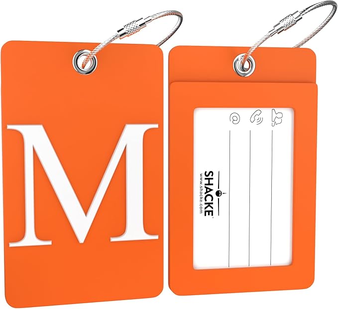 Shacke Luggage Tag Initial – Fully Bendable Tag w/Stainless Steel Loop (Orange) (Letter M)