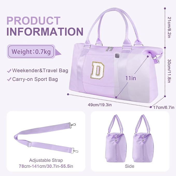 Dance Gym Duffel Bag for Teen Girls, Personalized Initial Travel Weekender Bag,Cute Overnight Carry On Duffle for Women,Sports Travel Cheer Bag,Monogram Christmas Gifts for Tween Preppy(purple-D)