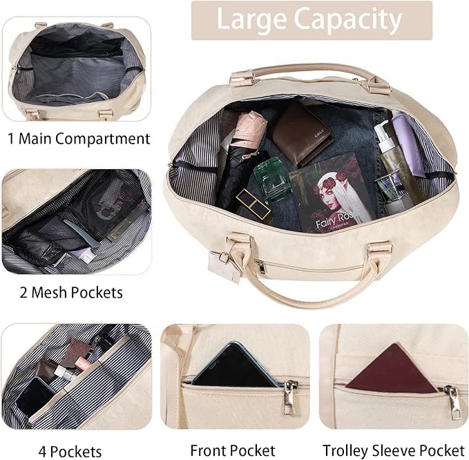 Oeihuivt Weekender Bags for Women - 21 Inch Large Travel Duffel Bag 2-Piece Set with Shoe Compartment, Heavy-Duty Canvas Leather Carry On Overnight Tote