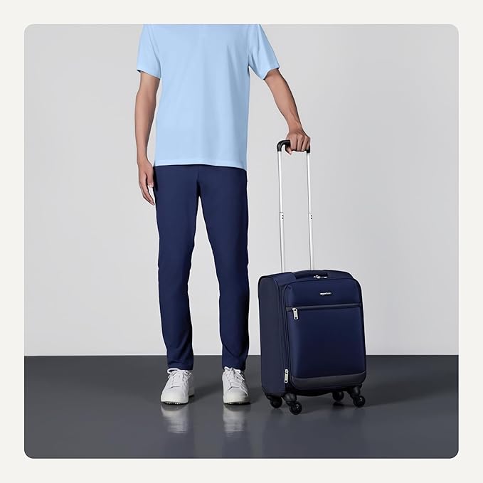 Amazon Basics 18" Medium Carry-On Softside Expandable Luggage Suitcase with Wheels, Four 360-Degree Spinner Wheels, Zippered Pockets, Telescopic Handle, Navy Blue