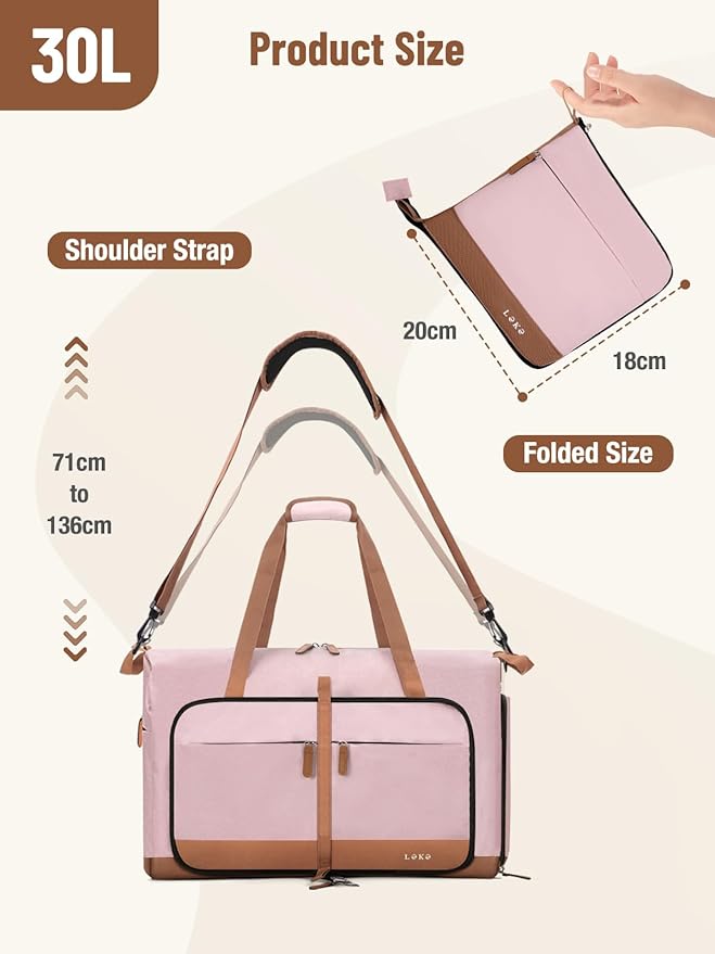 Lekesky Foldable Travel Duffle Bag for Women, Large Duffel Bag with Separate Shoes Compartments & Straps, Carry On Weekend Bag for Women, Hospital, Overnight (Pink, 30L)