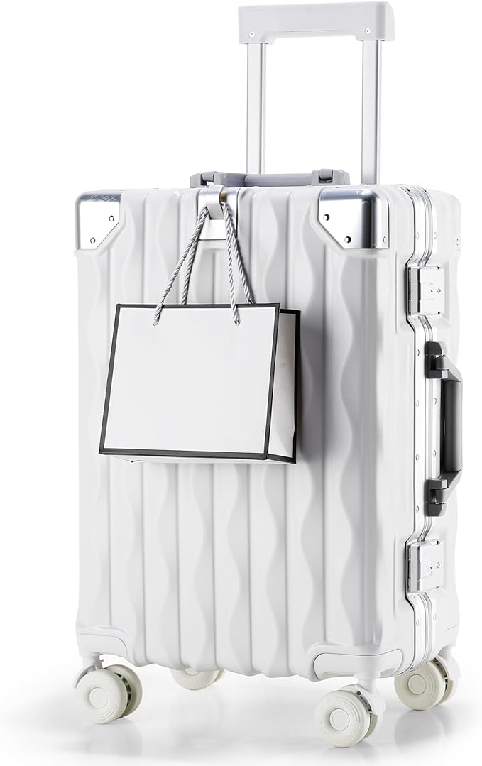 20 Inch Carry On Luggage with Spinner Wheels,Aluminum Frame PC Hard Shell Suitcase with USB Port,Lightweight Travel Luggage Airline Approved for Men Women, White