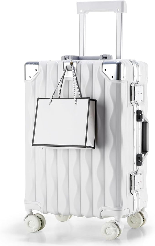 20 Inch Carry On Luggage with Spinner Wheels,Aluminum Frame PC Hard Shell Suitcase with USB Port,Lightweight Travel Luggage Airline Approved for Men Women, White