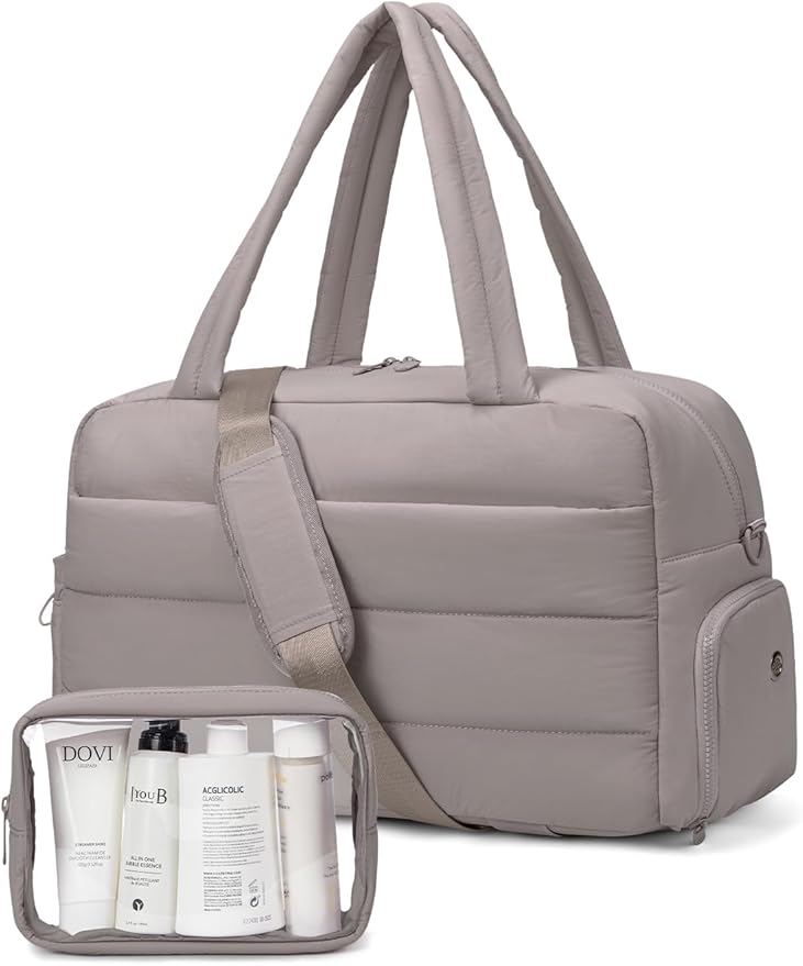 Gitus Carry On Duffle Gym Bag for Women Puffer Weekender Overnight Duffel Bag for Travel with Clear Toiletry Pouch Sport Yoga Fitness Essentials Gifts (Gray)