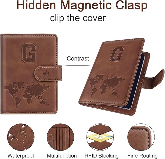 Passport Holder Wallet Cover Personalized Letter A-Z Travel Wallet RFID Blocking Passport Cover Wallet Case for Travel Passport Book Holders for Women and Men, Brown-G