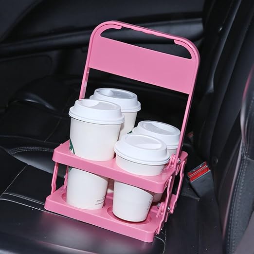 Bodaon 4 Cup Drink Carrier with Handle, Plastic Cup Carriers for Drinks, Drink Holder for Car, Take Out Delivery Drivers Accessories, Portable Foldable Reusable Mobile, Use for Food Delivery Bag, Pink