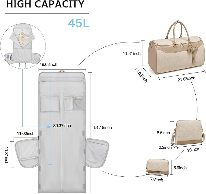 Garment Bags for Travel,45L Carry on Convertible Garment Duffle bag for Men Women - 3 in 1 Hanging Suit Travel Bag with Shoulder Strap (Beige brown)