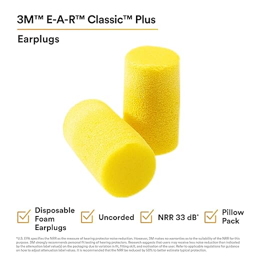 3M Ear Plugs, E-A-R Classic Plus 310-1101, 200 Pair of Disposable Earplugs, Pairs Individually Wrapped, Uncorded, 33 NRR, Foam, Slightly Longer, Roll Down, ANSI/ASA S12.71-2018, Drilling, Grinding