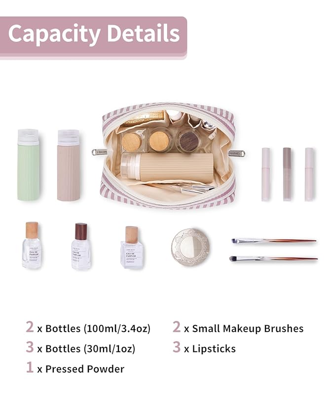 Narwey Small Striped Makeup Bag for Purse Mini Cosmetic Bag Travel Makeup Pouch Zipper Pouch Cute Make up Bags with Compartments for Women Girls (Dusty Rose Stripe, Small)
